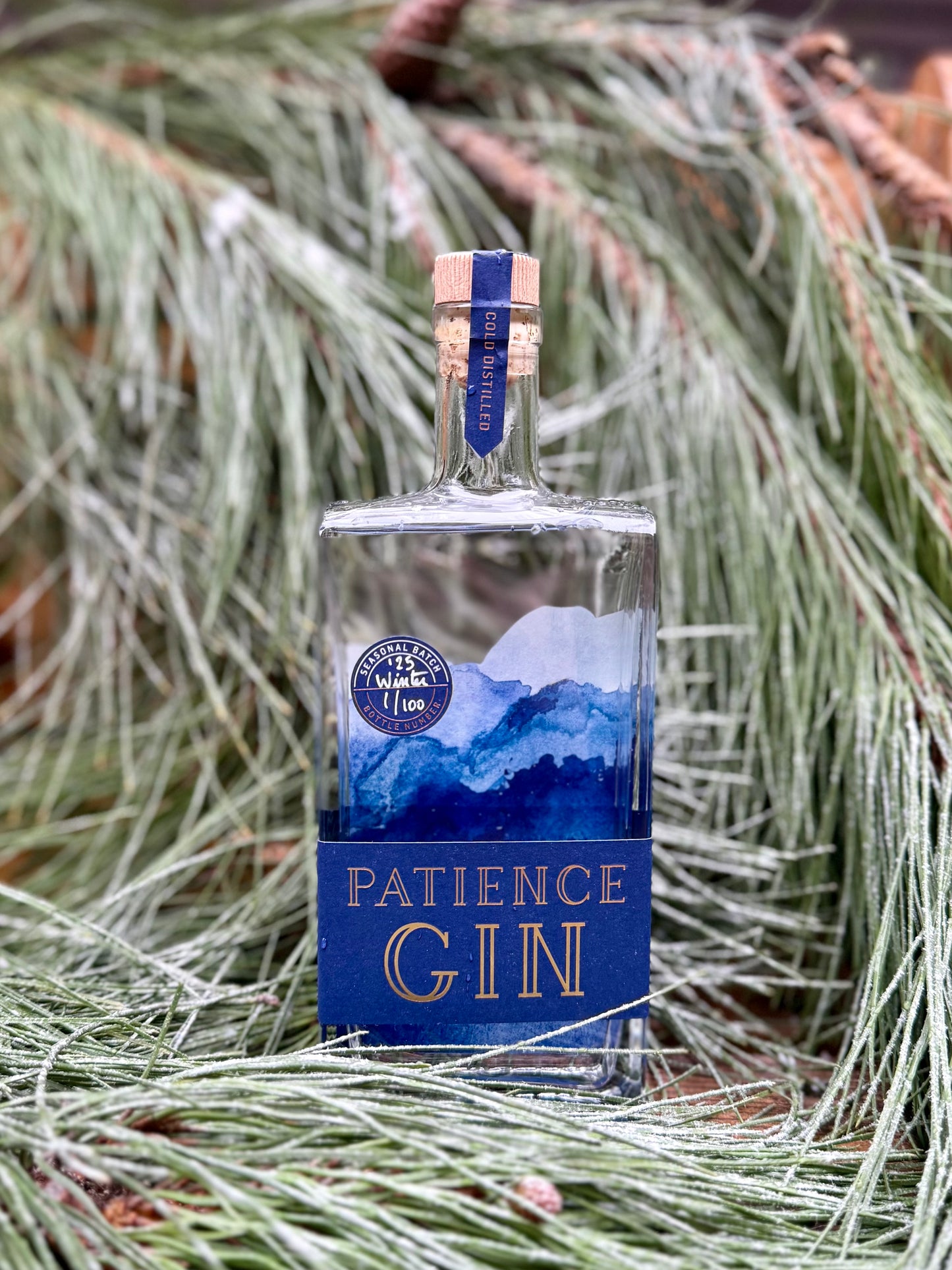 Bottle of Patience Winter Gin with a mountain design on the label, surrounded by greenery.