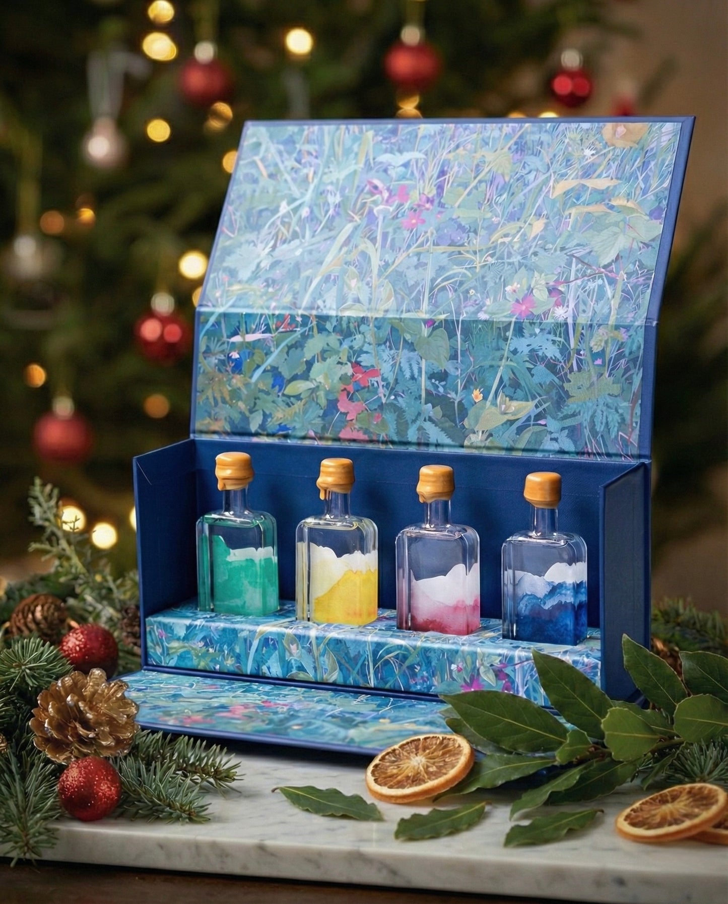 Set of Patience gift box set, four small bottles with decorative packaging on a table with Christmas decorations.
