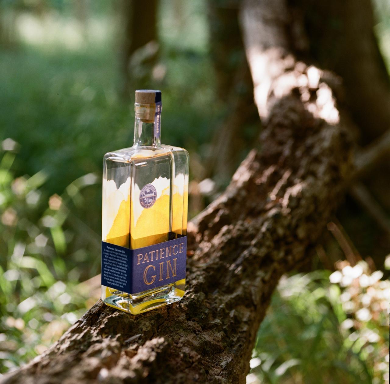 Bottle of patience summer gin 2026 on a tree