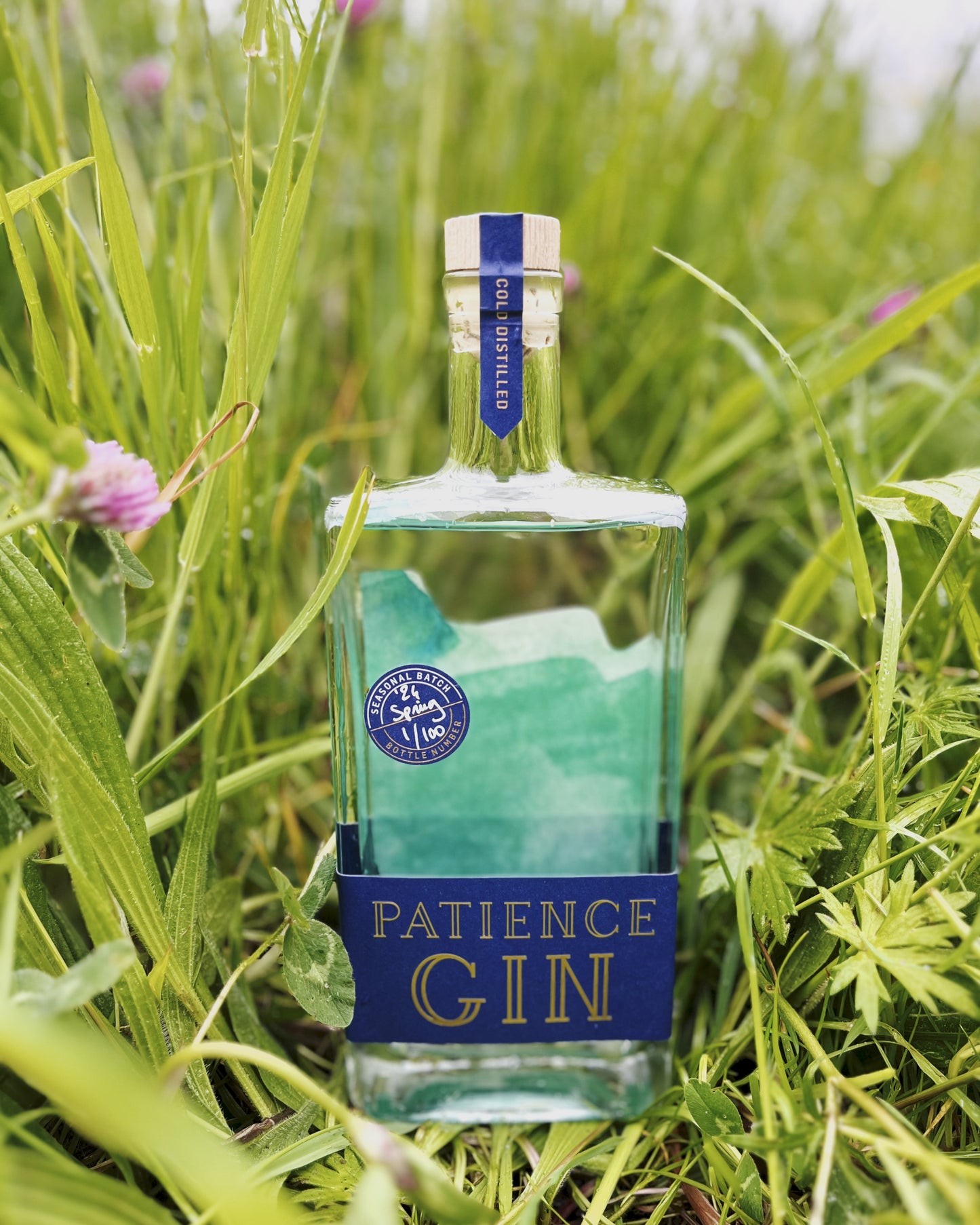 Bottle of Patience Spring Gin in a grassy field