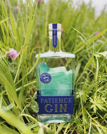 Bottle of Patience Spring Gin in a grassy field